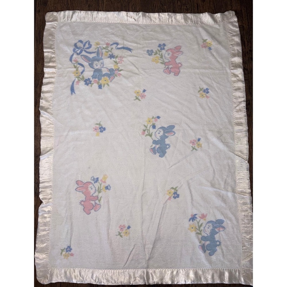 Vintage 1950s Sears Roebuck Co Nursery Blanket rabbits 46 X 35